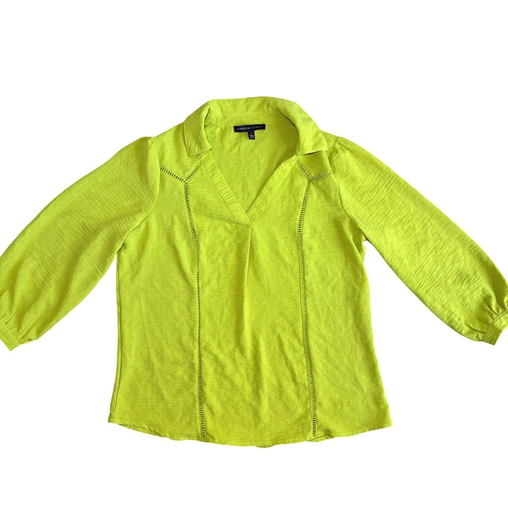 Adrienne Vittadini Neon 3/4 Sleeve V-Neck Collar Spring Blouse Top Womens Small
